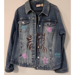 Cowgirl Upcycled denim Blue Jean painted Stinceled art button chico's long sleev